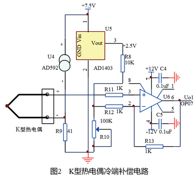 K型熱電偶冷端補償電路圖示